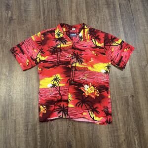 Palmwave Hawaiian Shirt Mens XL Red Short Sleeve Tropical Sunset Surf Palm Tree